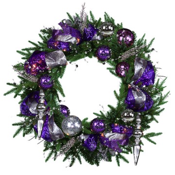 artificial 24 inch wreath, fully decorated, purple and silver color